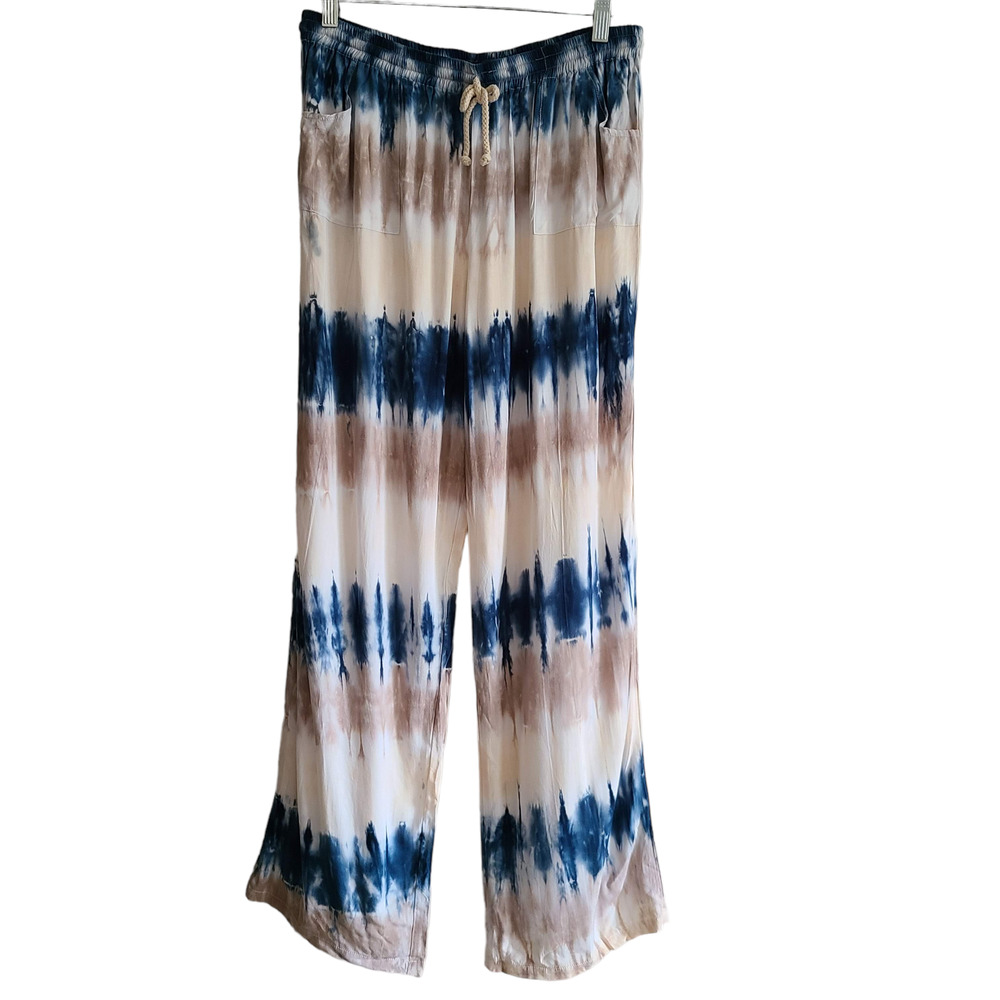 TRAVIDA Tie Dye Stripe Cargo Wide‎ Leg Pants Blue Tan White Women's XL NWT
